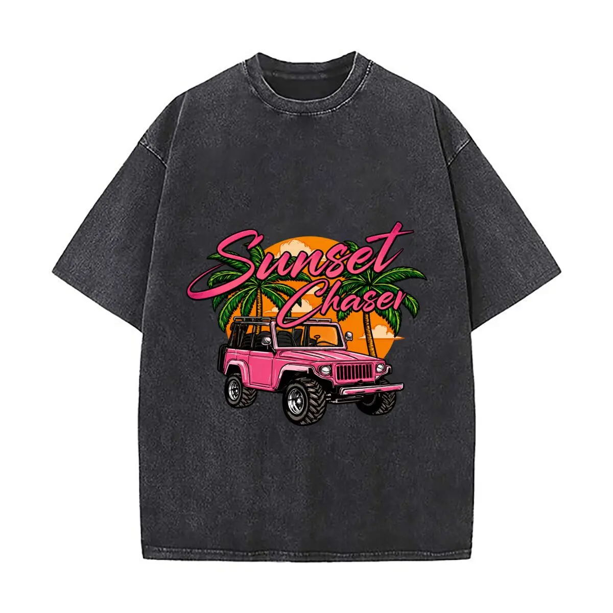 Sunset Chaser Pink Off Road Vehicle Palm Trees Vintage Distressed Loose Streetwear Tops