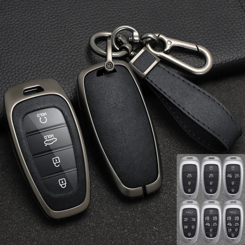 

Zinc Alloy + Leather Car Key Case Cover For Hyundai Solaris Sonata Hybrid NEXO NX4 New Grand Santa Fe Tucson 2020 2021 2022 2023