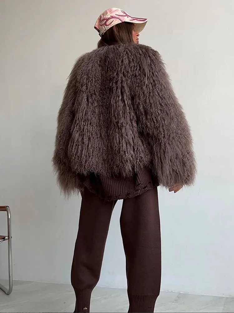 New Fashion Burgundy Oversized Fluffy Faux Fur Coat 2024 Chic Women O-neck Long Sleeved Warm Jacket Winter Lady Loose Streetwear