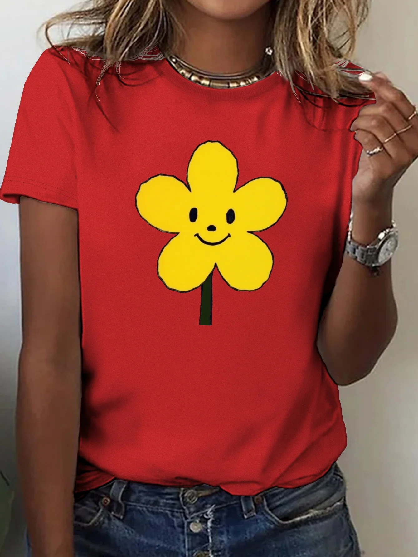 Smiling Yellow Flower Pattern T-shirt Women's Plus Size Casual Short Sleeved Round Neck Top Comfortable Daily Fashion Printed
