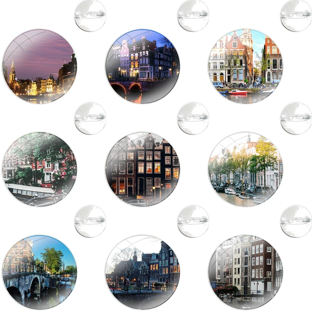 Glass Dome Brooches Shirt Lapel Bag Cute Badge Pins For Clothes Hat Accessories Amsterdam landscape beautiful scenery