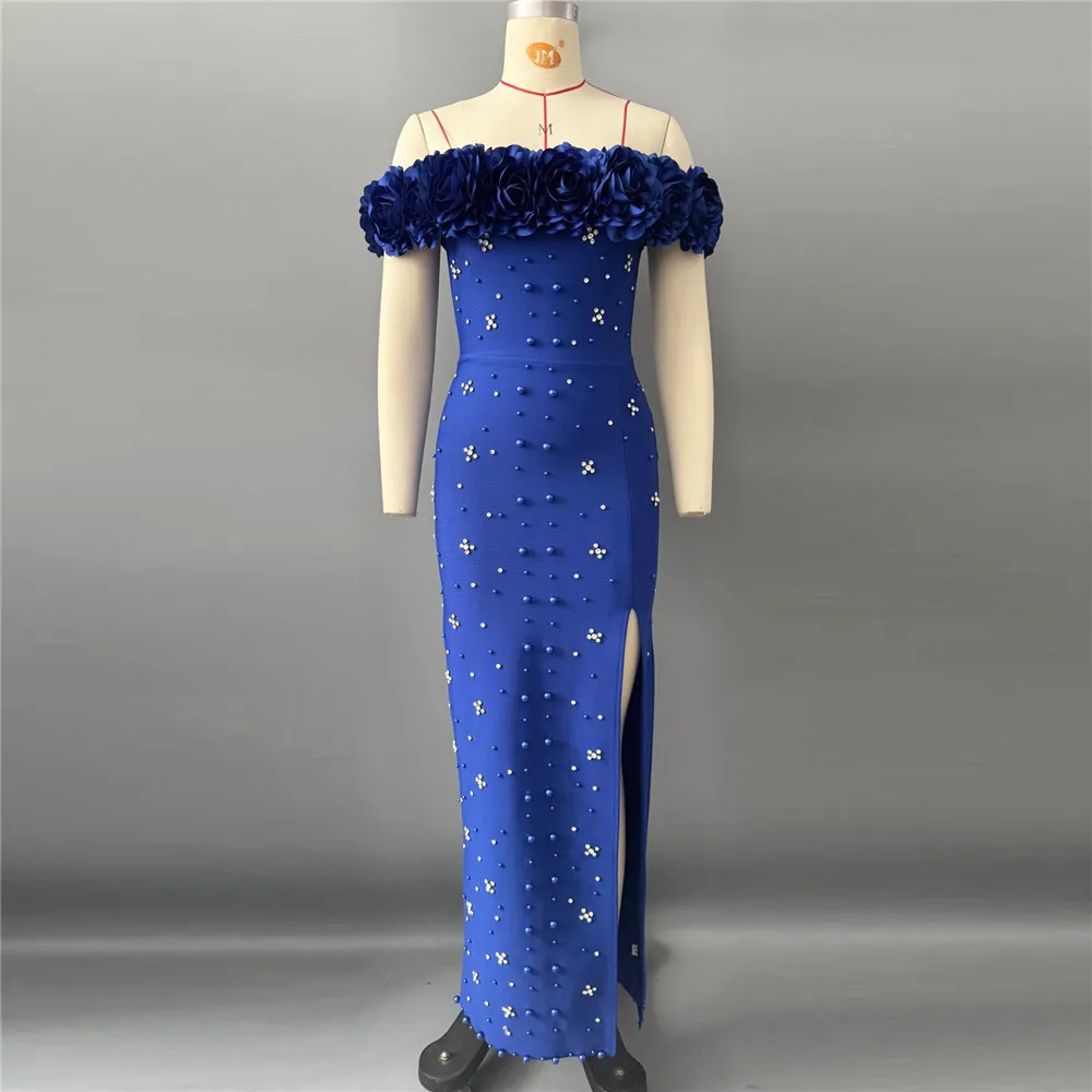 2026 New Luxury Bandage Dress Off Shoulder Flowers Pearls Open Leg Ankle Length Birthday Celebrity Evening Club Party Dresses