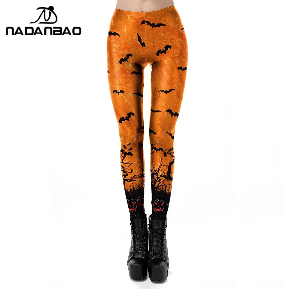 Nadanbao Frauen Leggings Halloween Ghost Green Leaf Schädel Print Leggings sexy Strumpfhose Hose weibliche elastische Hose mit mittlerer Taille