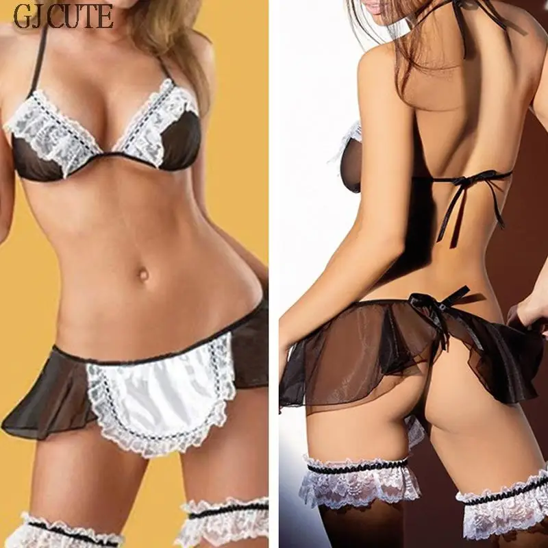 Sexy Lace Cosplay Maid Dress Underwear Babydoll Sleepwear G-string Fancy Dress