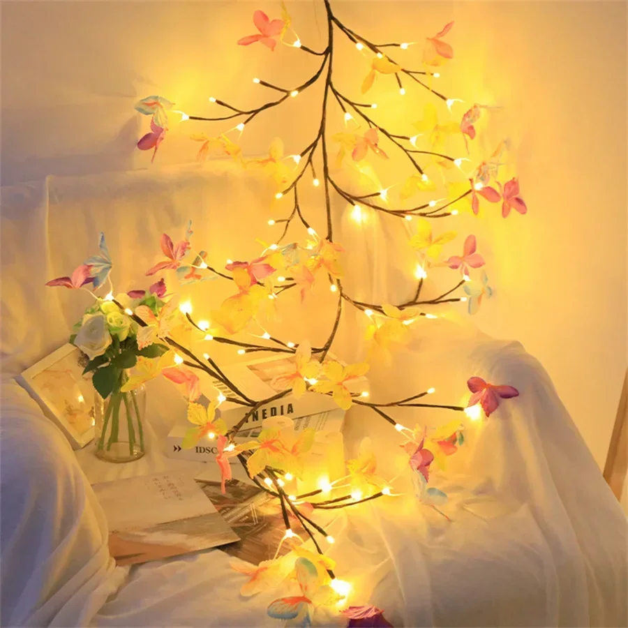 1.8M 96 DIY Colorful Butterfly LED Willow Vine Light with Remote USB Operated Flexible Wall Birch Tree Fairy Light for Wall Deco