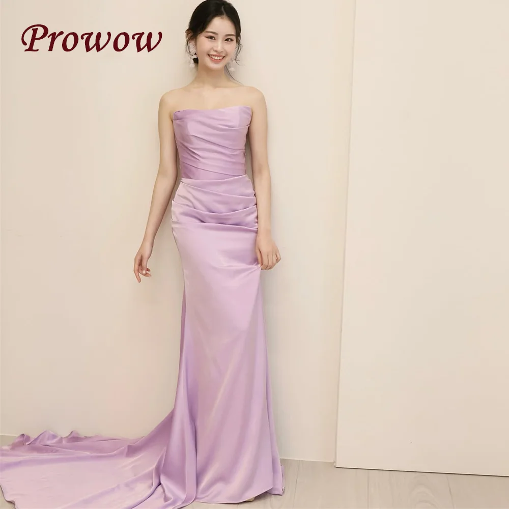 

Prowow Simple Strapless Mermaid Prom Dresses Pleats Satin Korea Photoshoot Wedding Party Gowns Sweep Train Corset Customized