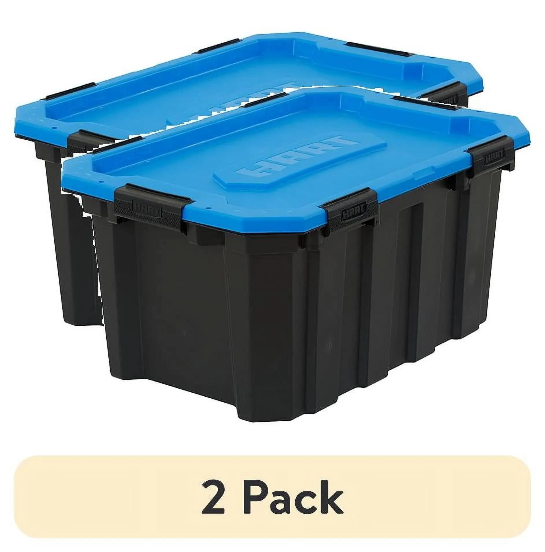 

(2 pack) 24 Gallon Water Resistant Latching Heavy Duty Plastic Storage Bin, Black Base/Blue Lid