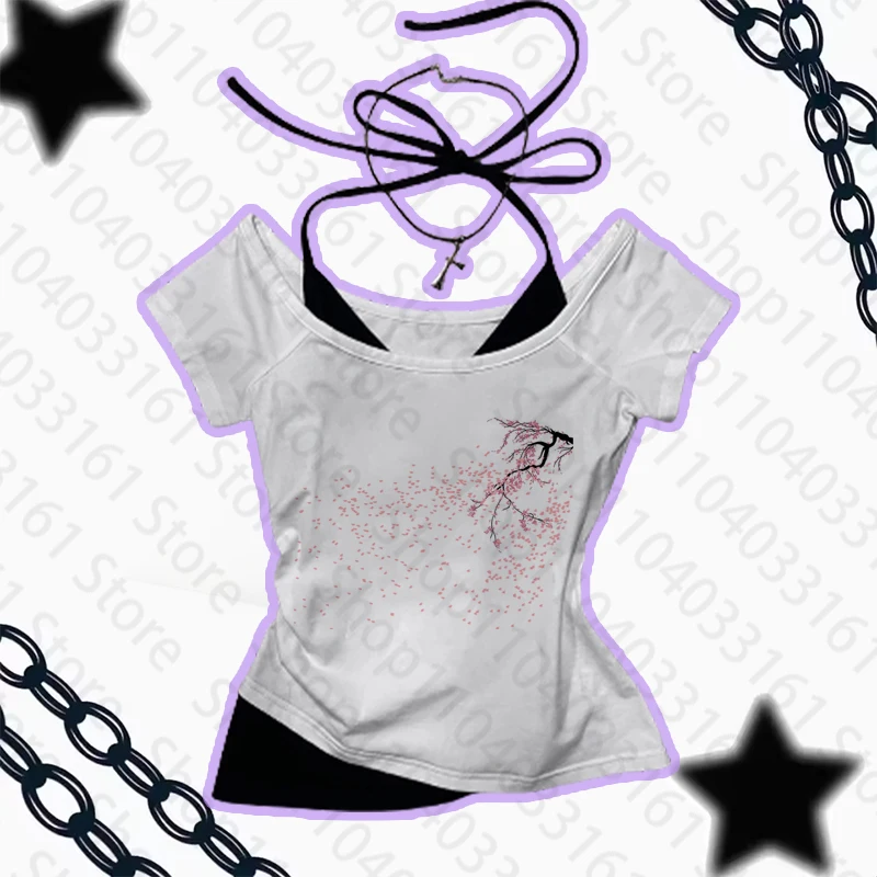 Aesthetic Gothic Punk Baby Tee Vintage Street Women Graphics Print Grunge T-shirt Y2k Clothes Cute Slim Crop Tops shirt Slim Emo