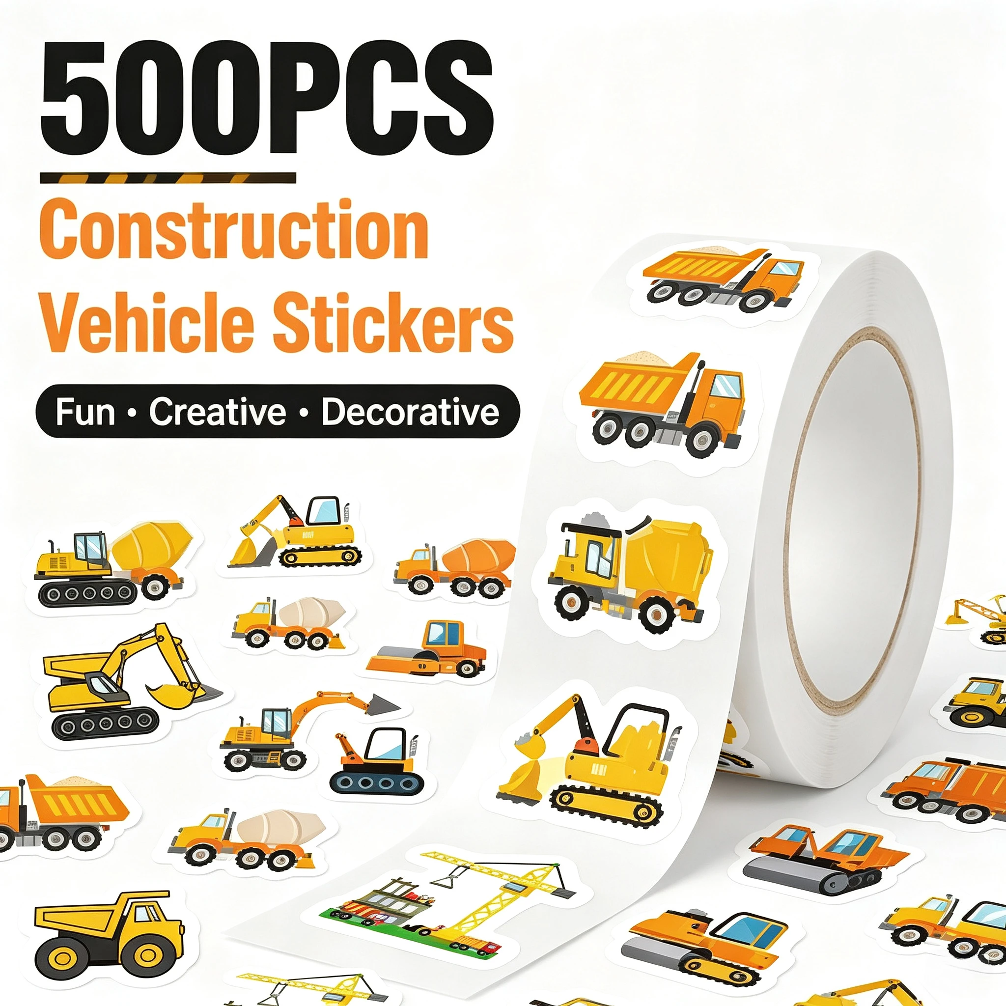 500Pcs Construction Vehicle Stickers Roll Waterproof Decals Self‑Adhesive Labels for DIY Crafts Notebook Envelope Sealing Decor