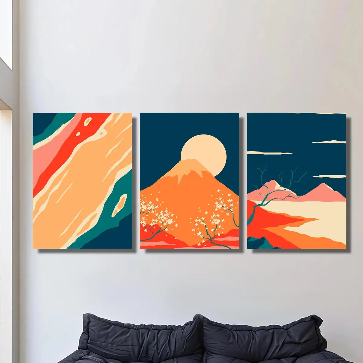 Arte impreso en lienzo con marco de madera, pintura artística de paisaje colorida abstracta, póster de ilustración de estilo japonés Simple de cereza, 3 uds.