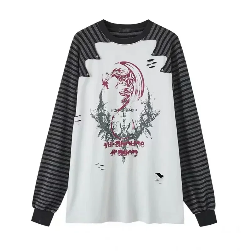 

Raglan Sleeve Vintage Print Contrast Color Patchwork Sweatshirt Y2k Women American Hoodies High Street Striped Tshirt Mid Length