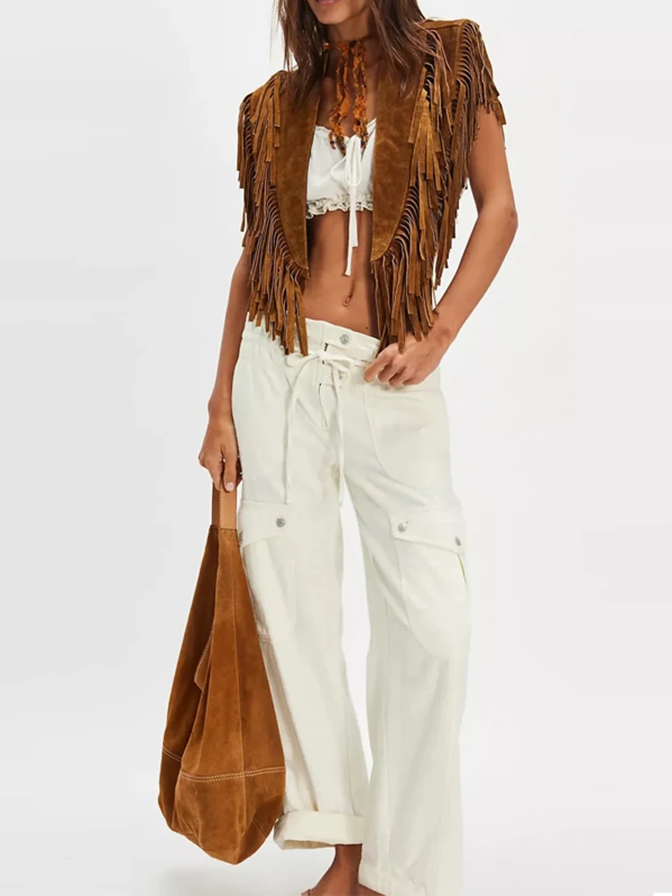 2026 Casual High Street Holiday Desert Coat Spring Autumn New Suede Women's T Shirt Vintage Solid Color Irregular Tassel Shawl