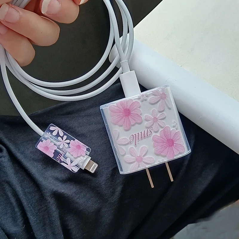 Dustproof Cable Cute Flowers Pattern Holding-on Cord USB Cable Charging Head Winder Case Protector for Apple iPhone 18/20W