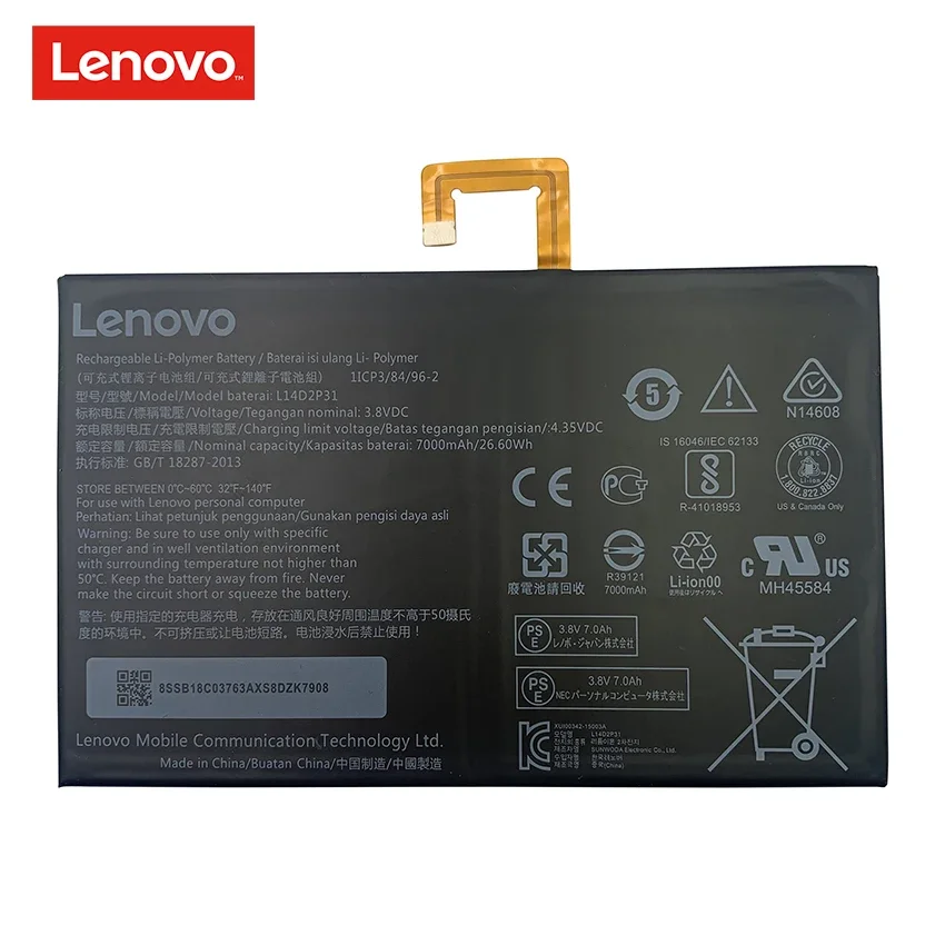 100% Original L14D2P31 3.8V 7000mAh 26.6Wh Battery For Lenovo A7600 A10-70 Tab 2 A10-70F Tab2 A10-70L X30L Batteries Bateria