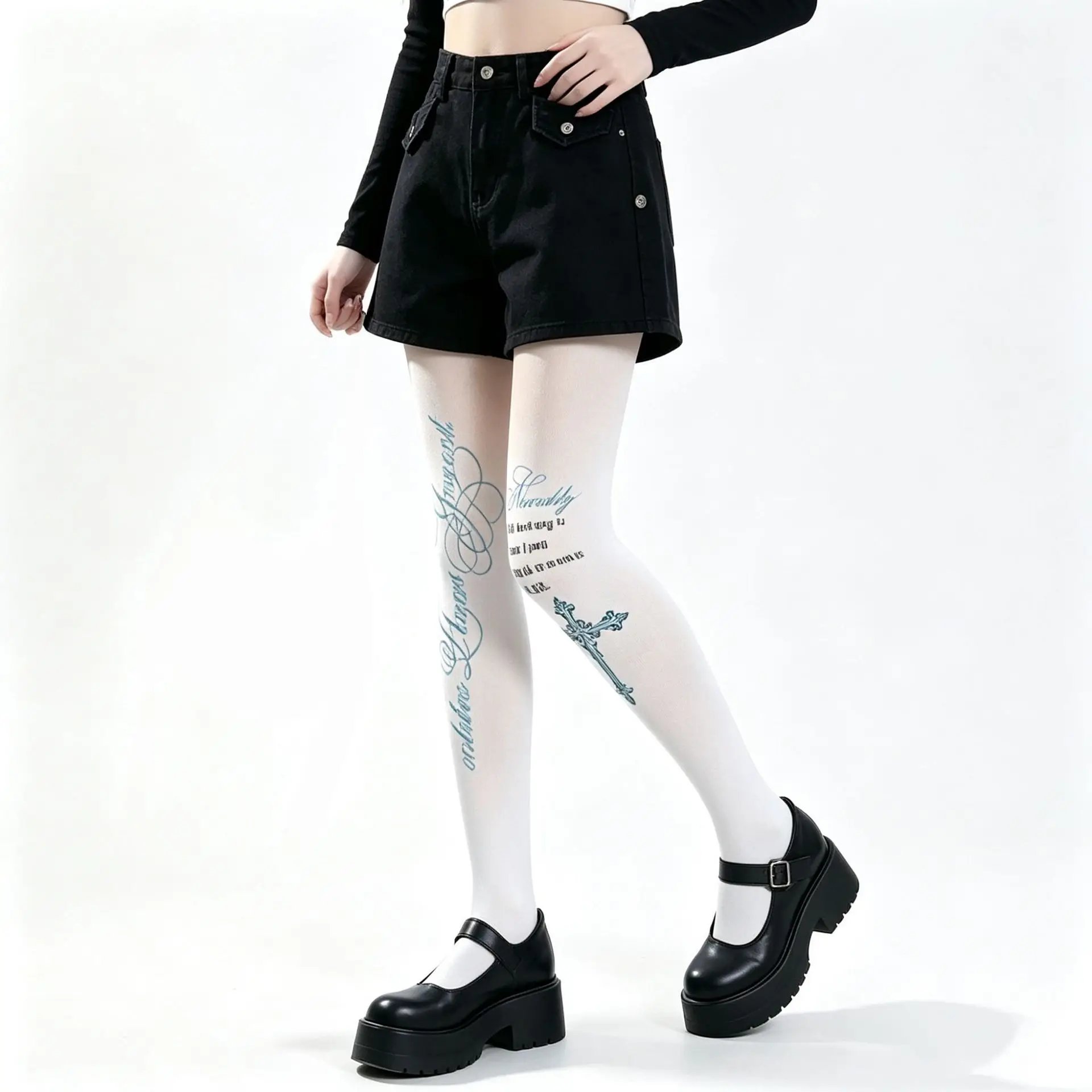 Blue Cross Vintage Script Letter Print Women Tights Gothic Aesthetic Pantyhose Lolita Cosplay Hosiery For Daily Party Wear