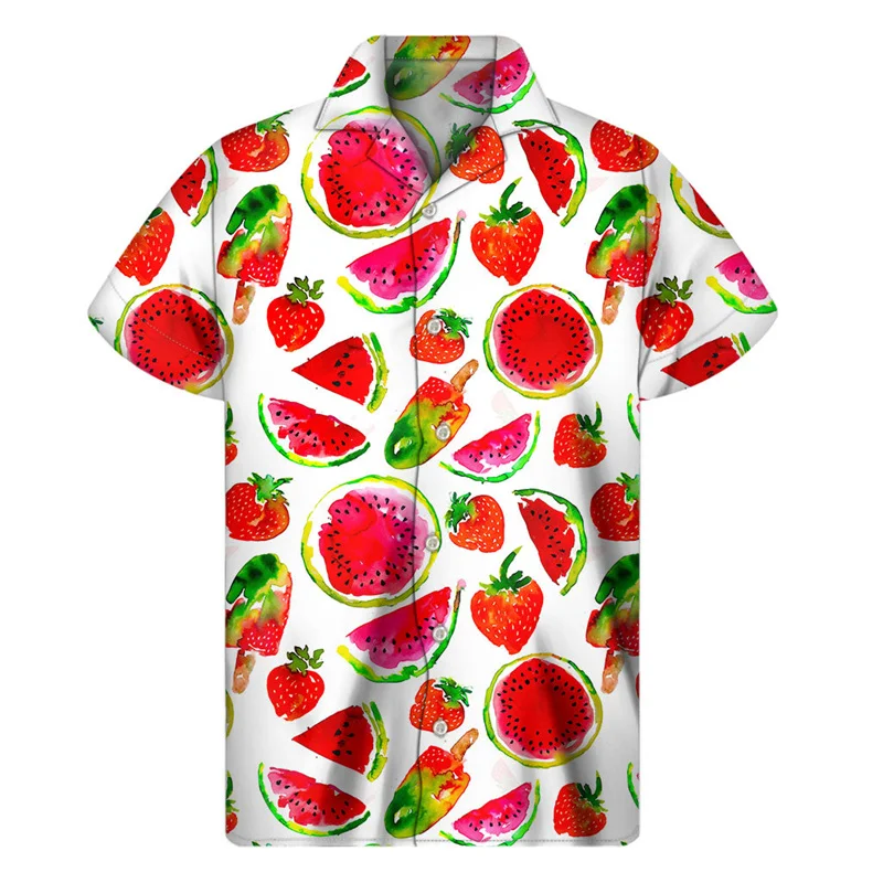 Cherry Apple Strawberry Graphic Shirt Men 3D Print Fruits Hawaiian Shirts Summer Button Short Sleeve Loose Lapel Aloha Blouse