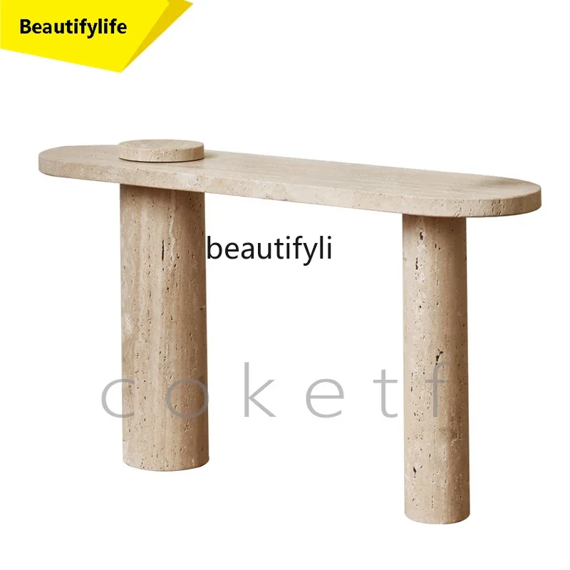 

A38 French minimalist natural Roman travertine small apartment living room against the wall Entrance table designer marble