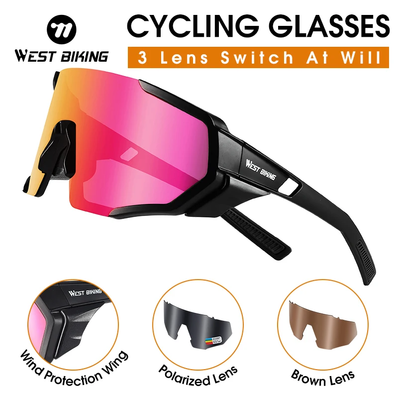 WEST BIKING Polarized Cycling Glasses 3 Lens UV400 Mountain Bicycle Eyewear Men Women Sports Goggles MTB Road Bike Sunglasses