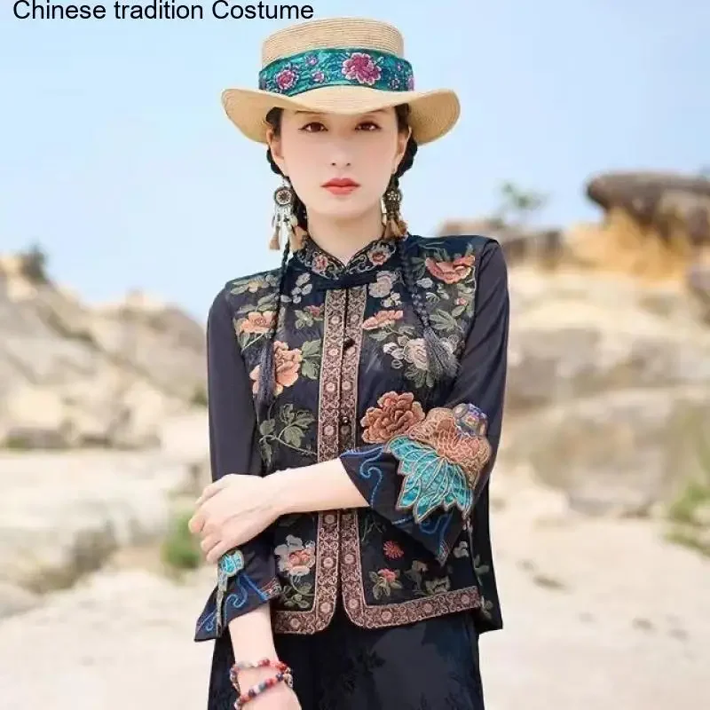 

Vintage Ethic Style Hanfu Qipao Top Luxury Embroider Flower Vest New Chinese Style Tang Clothes Women Big Size 3XL Tang Clothing