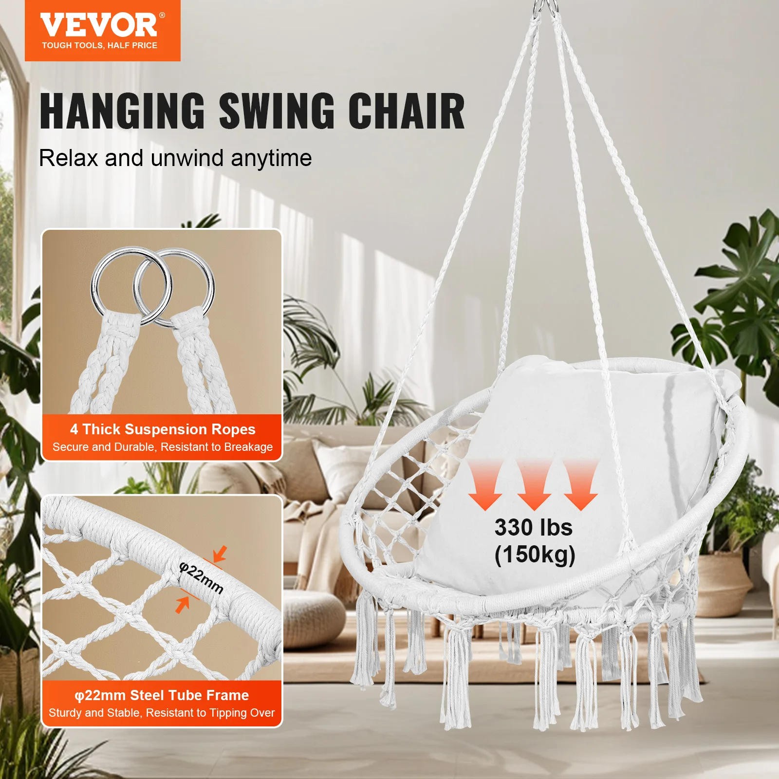 VEVOR Hanging Hammock Swing Chair 330 lbs Macramé Hanging Chair Cotton Rope Swing Chair for Bedroom Balcony Patio Garden White