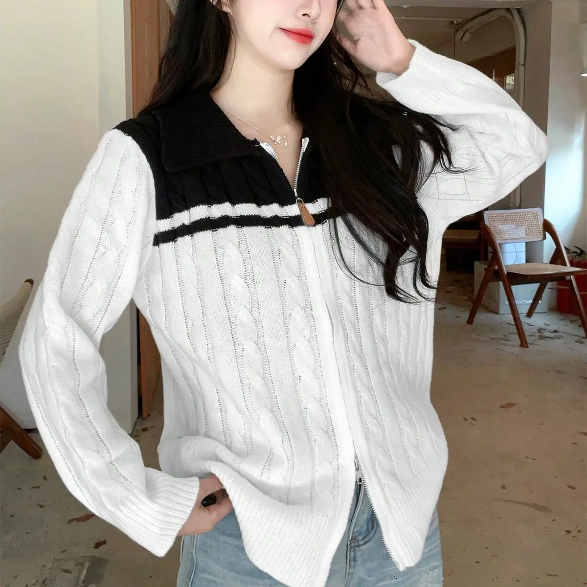 Autumn Korean Style Contrasting Color Knitted Cardigan for Women 2024 New Spring & Fall Outer Wear Foreign Style Unique and Chic Tops