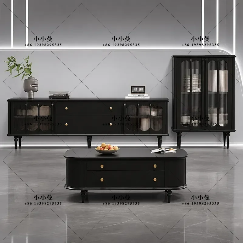 Medieval Style Glass Door Solid Wood Audio Visual Cabinet American Living Room Wall Storage TV Cabinet Side Cabinet