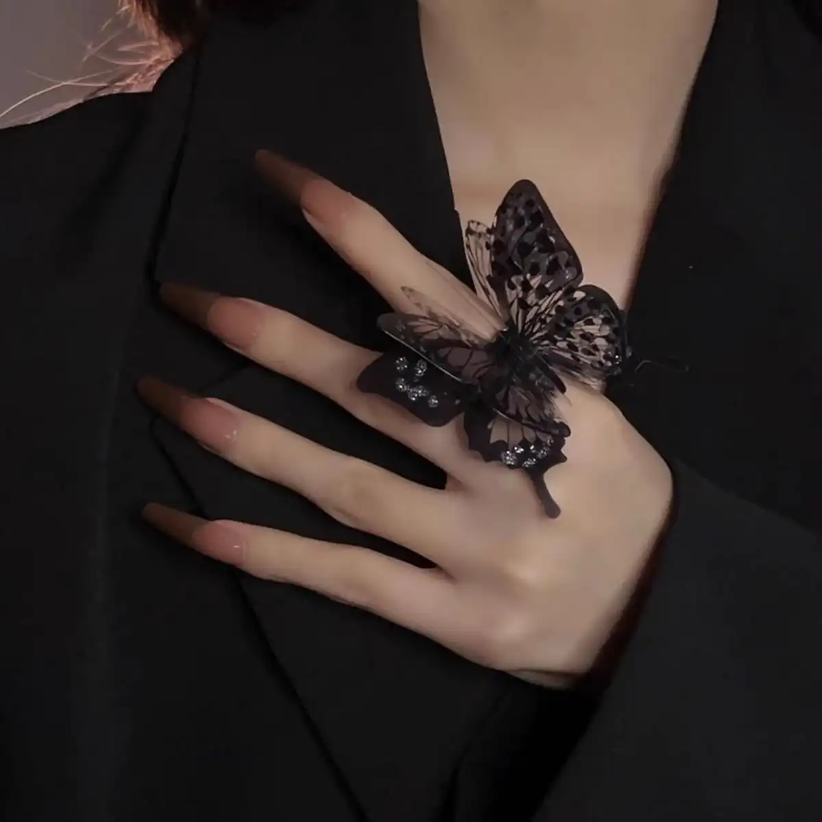 1 large black butterfly ring Female dark department Gothic style exaggerated personality fashion accessories ring can be adjuste