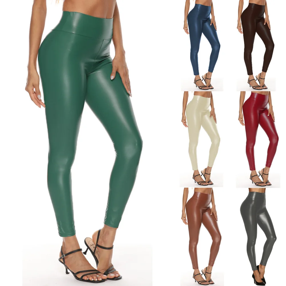 

S M 4XL 5XL Green Leather Pants Leggings High Waist Women Sexy Elastic Skinny Push Stretch Jeggings Rise Matte Black Bright 1pcs