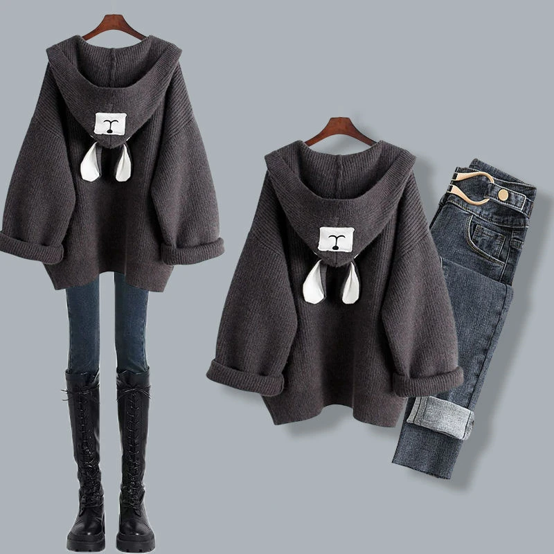 Women's Autumn Winter Cute Hooded Sweater Cardigan Denim Pants 1 or Two Piece Set Lady Fall Casual Loose Knit Coat Jeans Outfits