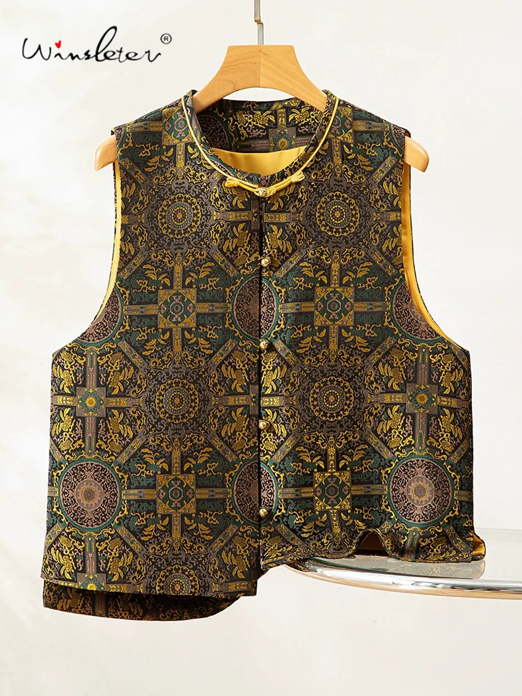 

Winsleter-100%Real Silk Song Brocade Elegant Vest Coat, O Neck Buttons, Women New Chinese Style Waistcoat, 2025 Autumn C5N435CC
