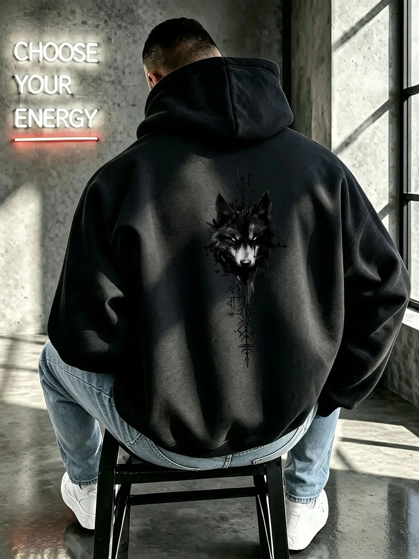 Mens Wolf Head Arrow Rune Print Hoodie Red Back Graphic Drawstring Kangaroo Pocket Loose Pullover Sweatshirt Dark Art Top