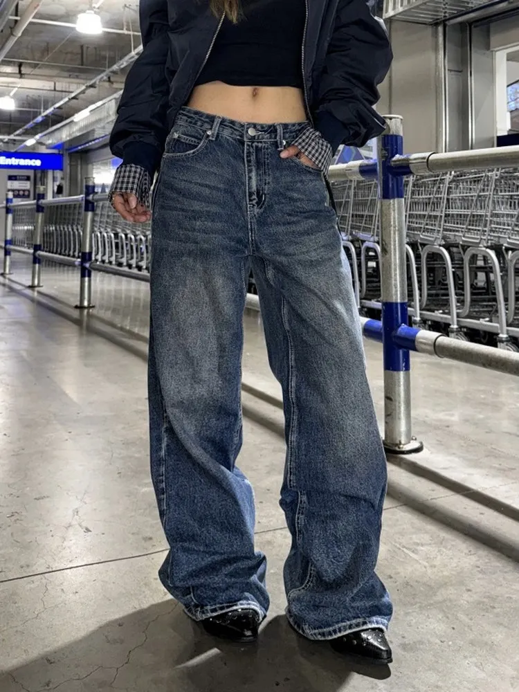 Retro American Star Embroidery Straight Leg Jeans Men Women Autumn Loose Slimming Flared Floor-Length Casual Jeans