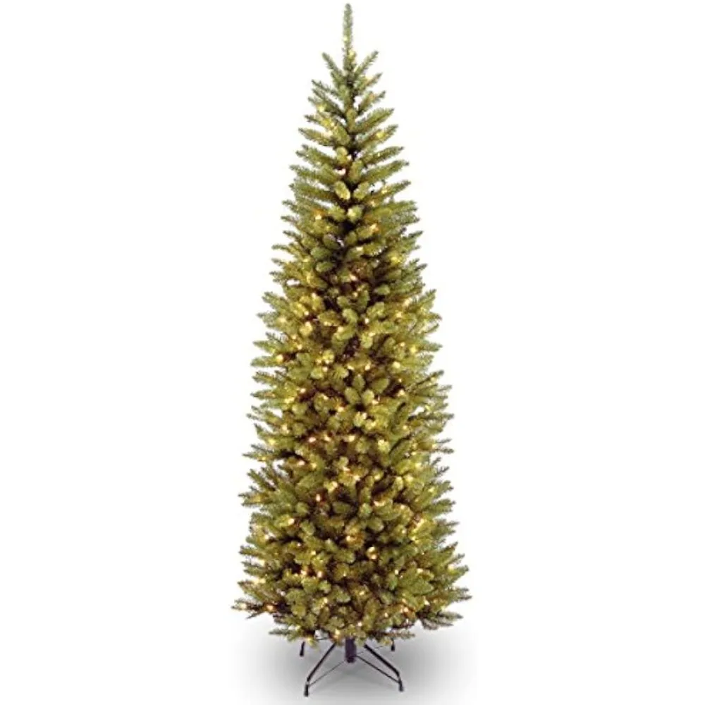 Artificial Pre-Lit Slim Christmas Tree, Green,  Fir Tree with White Lights, Includes Stand, for Home Xmas Event Party Decoration