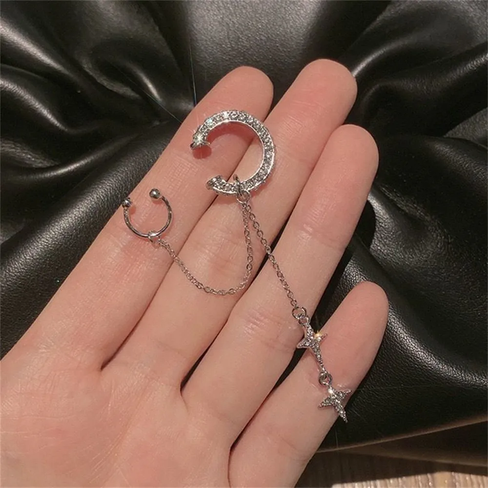 Shiny Silver Color Crystal Tassel Non-Piercing Cuff Ear Clip Earring For Women Rhinestone Star Fake Cartilage Piercing Jewelry image 3