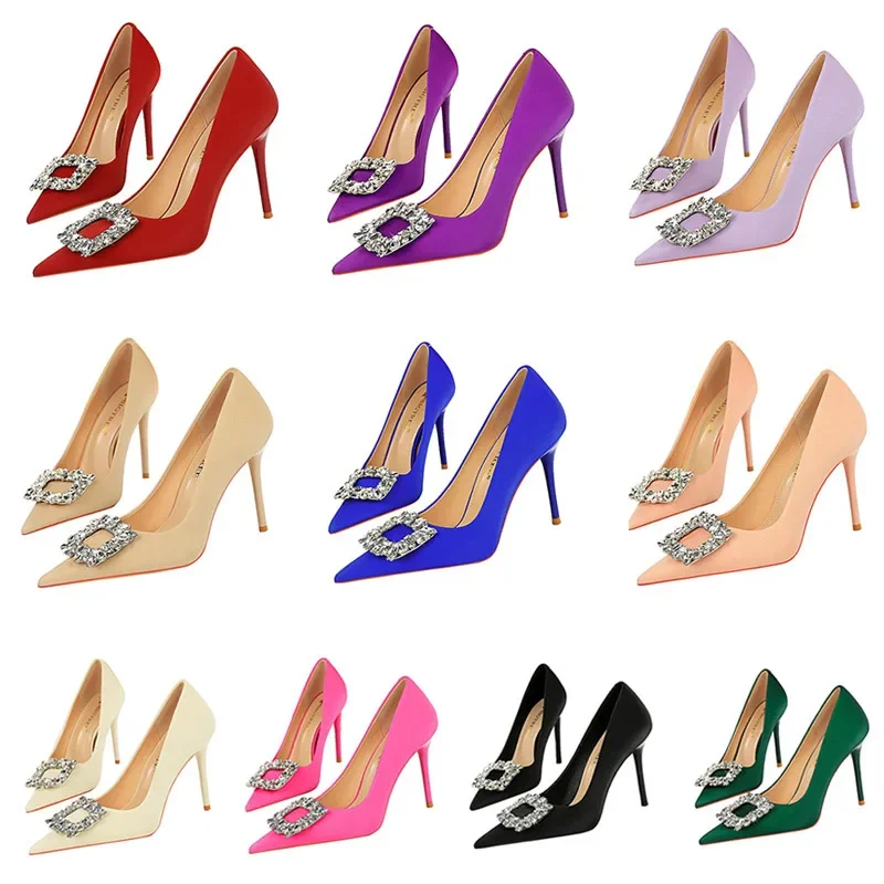 Women Basic 10cm High Heels Wedding Banquet Crystal Buckle Pumps Lady Versatile Scarpins Stiletto Fashion Wine Red Purple Shoes