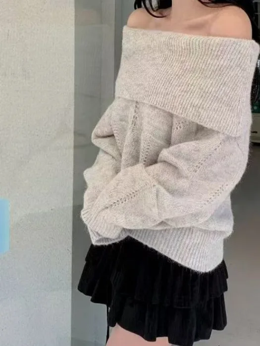 Suéter coreano Sle Lazy One oulder ahuecado largo de punto para mujer Otoño Invierno nuevo suéter de corazón de advertencia de deseo puro