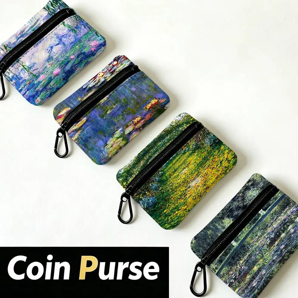 Claude Monet Painting Art Lightweight Oxford Fabric Coin Purse Carabiner Hook Design Mini Card Key Organizer Bag