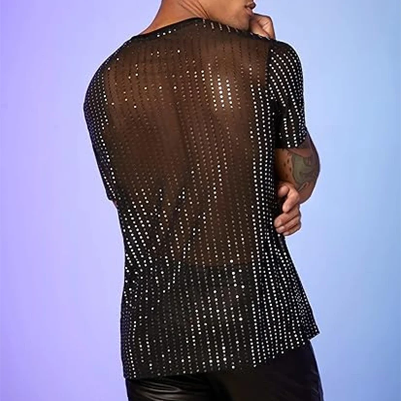 Sexy See Through Mens Mesh T-shirts Shinny Sequin Design Slim T Shirt Summer Men Streetwear Trendy Short Sleeve O-Neck Pullovers