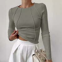  2024 Autumn New Slim Fit Top Women's Base Shirt Solid Color Split Chest Long Sleeved Pullover Short Round Neck T-shirt Ladies