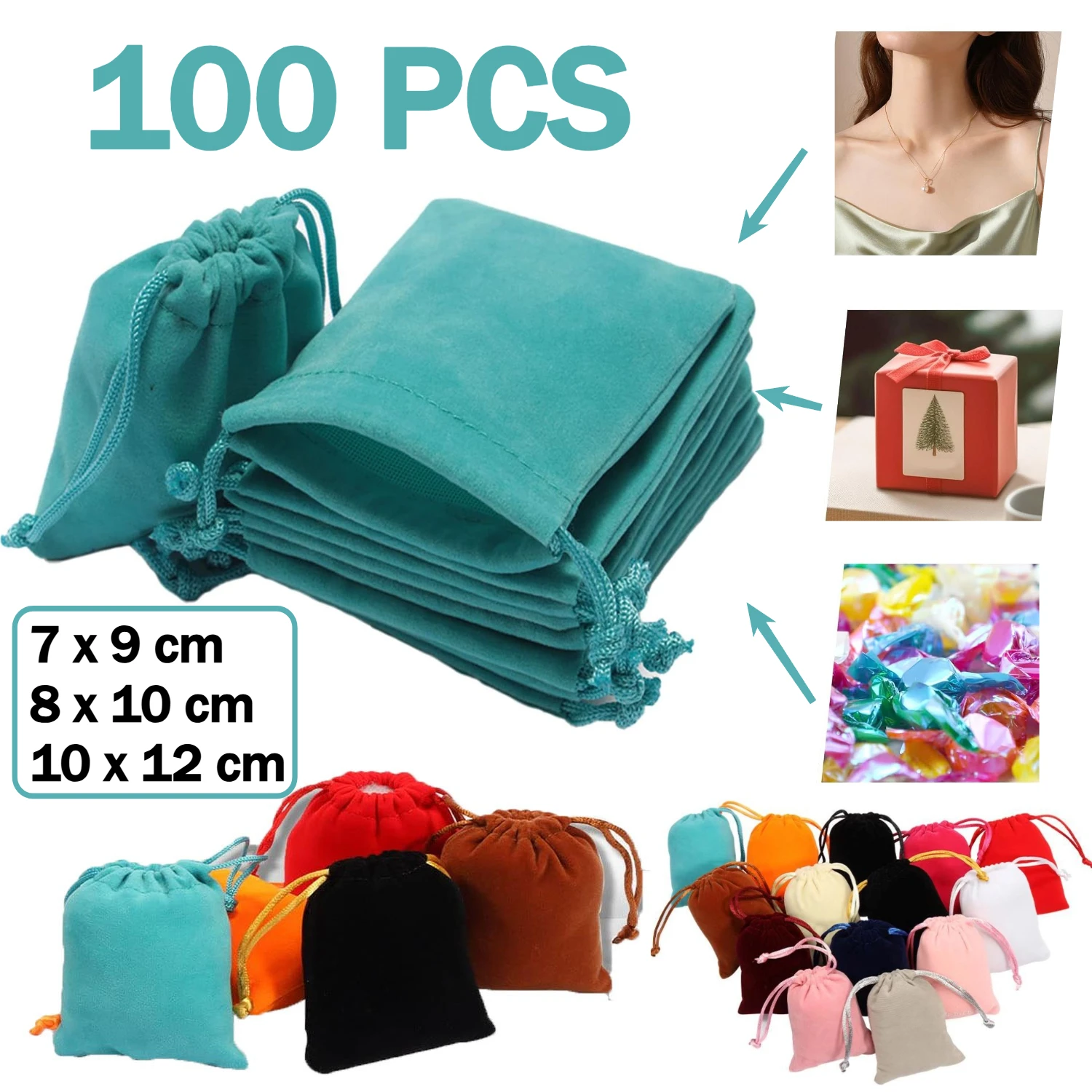 

100pcs Small Velvet Drawstrings Storage Bags 7x9cm/8x10cm/10x12cm Jewelry Pouches Favors Candy Bags for Christmas Party Wedding