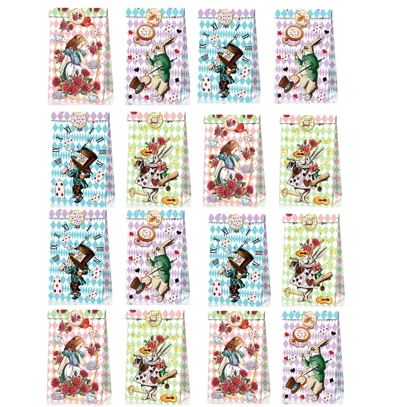 12/24/36Pcs Cartoon Alice in Wonderland Gift Paper Bags With Stickers Alice Birthday Candy Packing Bags Kids Girl Party Supplies