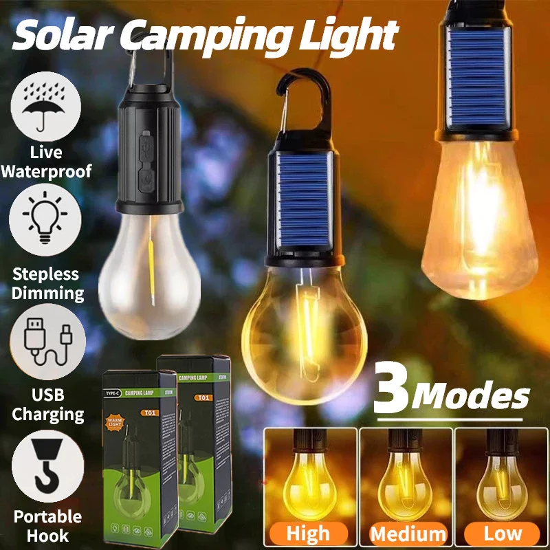 Solar LED Lamp Bulbs Camping Light Outdoor Waterproof Portable Flashlight 3 Modes USB Rechargeable Tent Light with Hook
