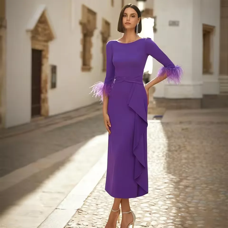 Customized Purple Wedding Guest Dress Tea Length 3/4 Sleeves Ruffles Mother of the Bride Dress Midi Feathers Cocktail Party Gown