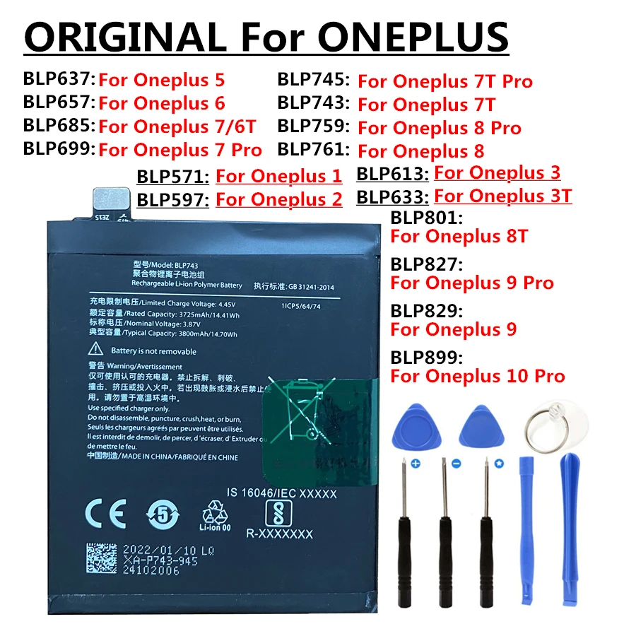 Batería Original para OnePlus 2, 3, 3T, 5, 5T, A5010, A6010, 6, 6T, 7T, 8T, 9, 9R, 10 Pro Plus, BLP685, BLP637, BLP829, BLP827, BLP801, BLP899