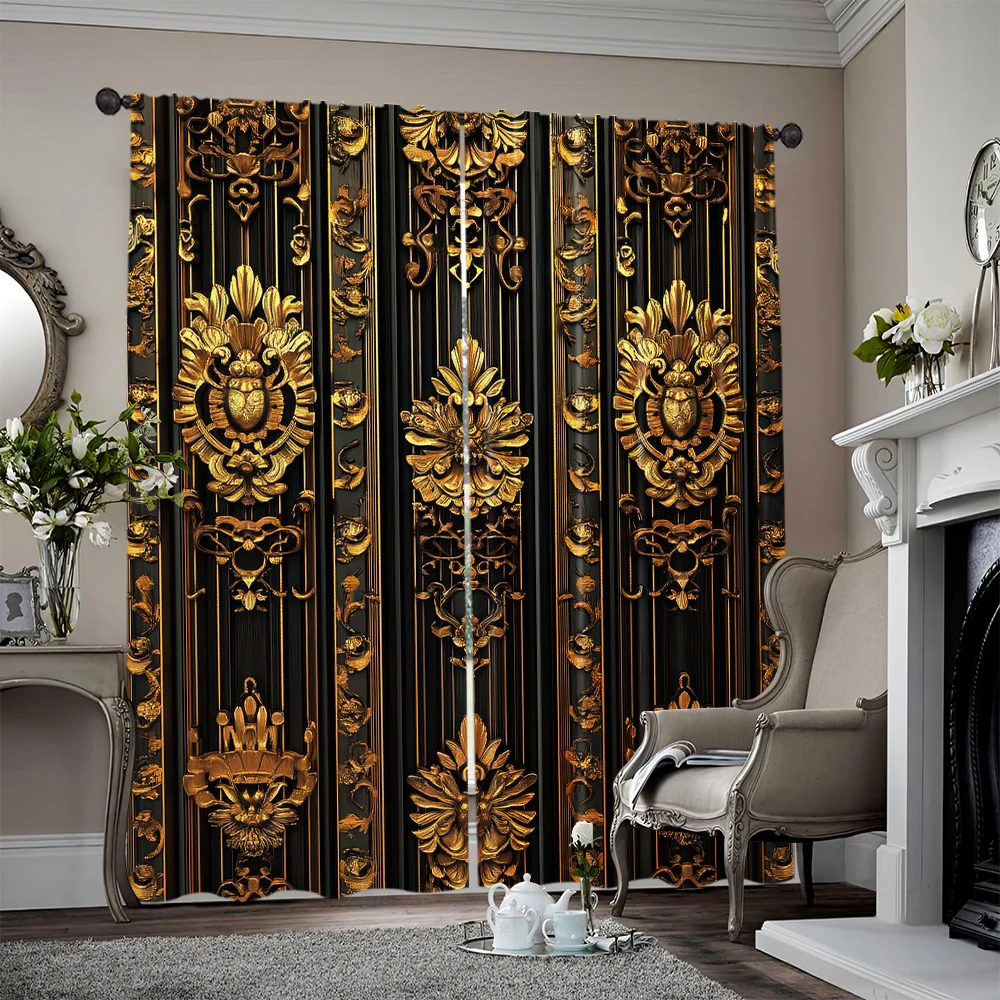 2pcs, 2D flat printing Party Window Curtains Original Ornate Carving Picture 100% Polyester,Without Electricity summer party