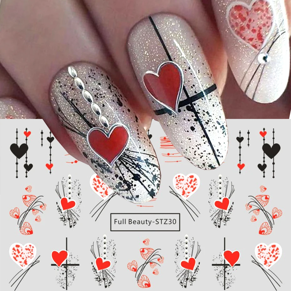 Adesivos de unhas dos namorados amor coração decoração decalques de transferência de água dos desenhos animados bonito urso slider tatuagem design folhas manicure