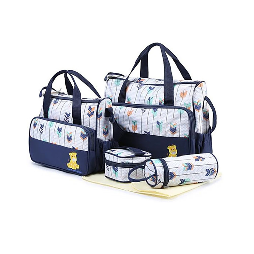 Diaper Bag Cartoon Plant Print Brown-White Set With Feeding Accessories Multi-Bag Organized For Mom Baby Daily Care