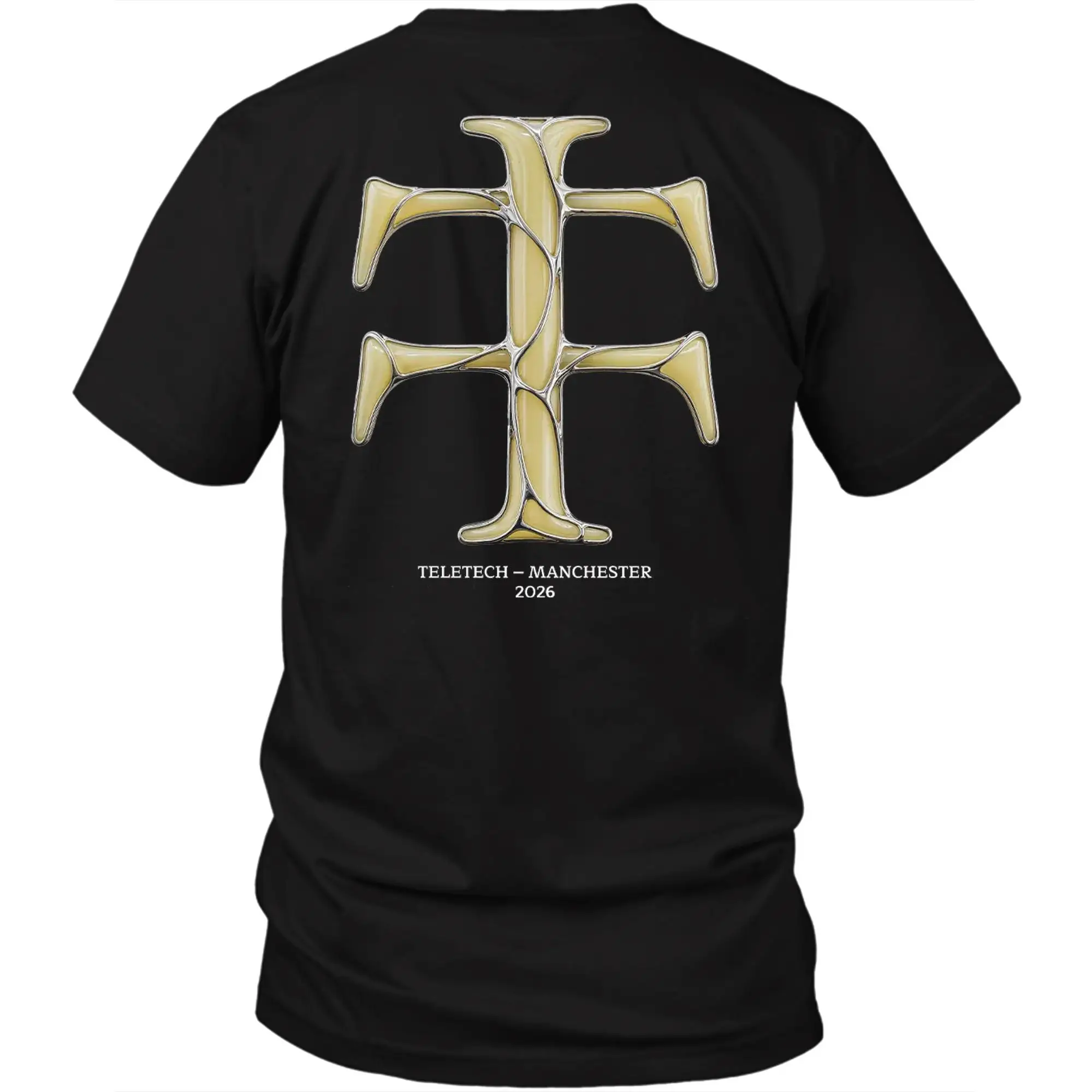 T-Shirt Golden Cross Symbol Graphic 2026 New Unisex His and Hers Retro Style Streetwear Manchester 2026 Abstract Metal Texture