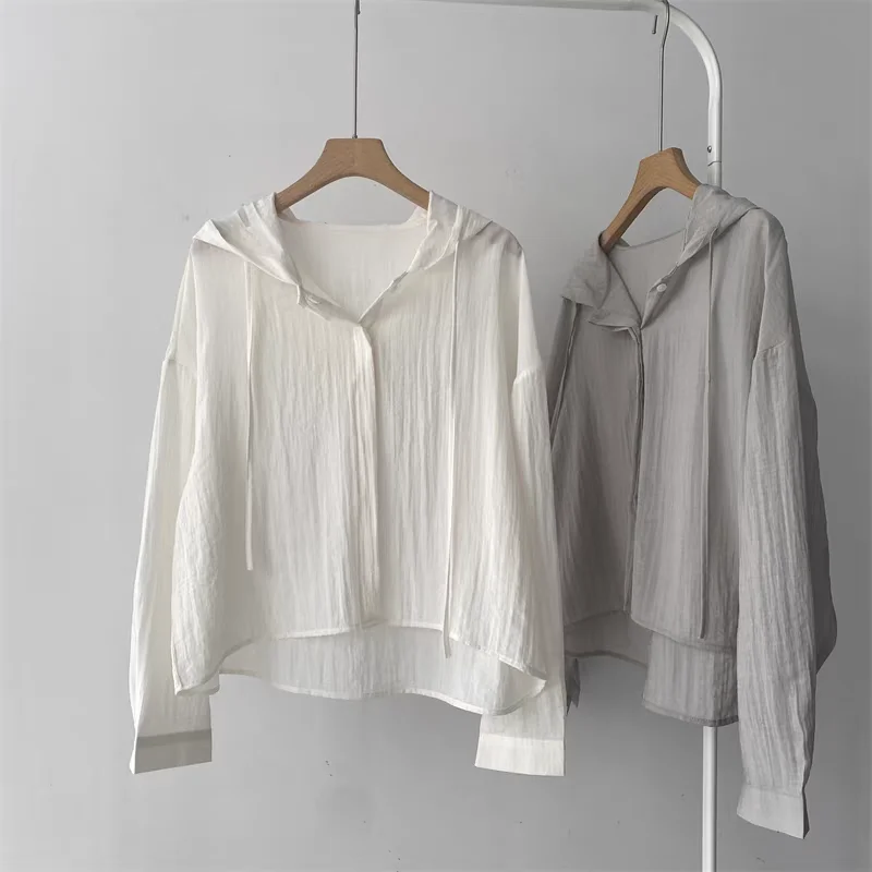 Korean Style Lazy Loose Fit Lightweight Long Sleeve UV Protection Shirt Women Summer Casual Hooded Sun Protection Outerwear