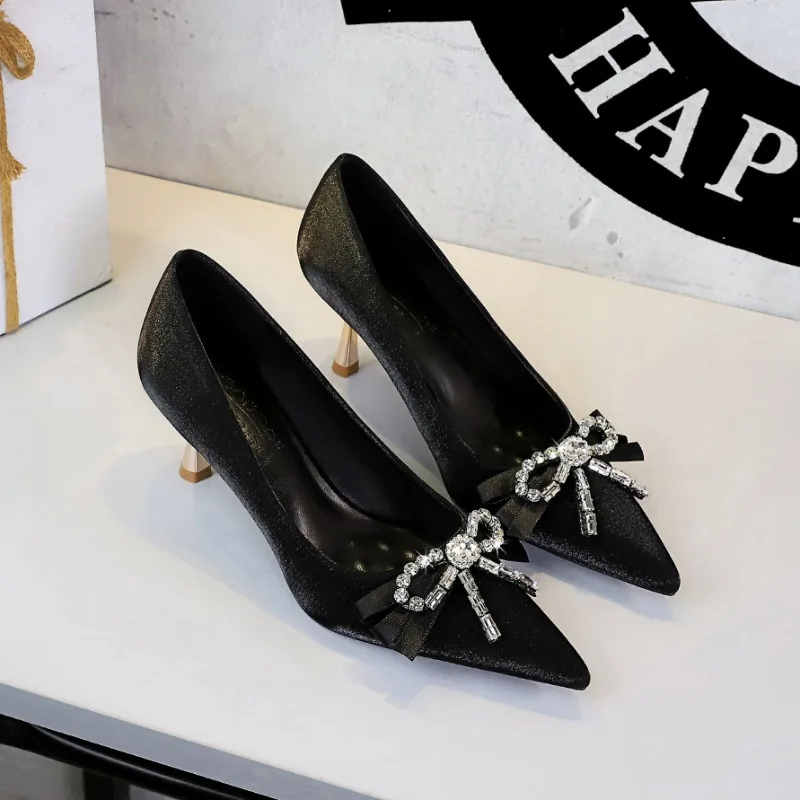 Hot Sale Women's Satin Shoes Rhinestone Bow Ribbon Pointed Toe Thin Heels Elegant Party Pumps Shoes